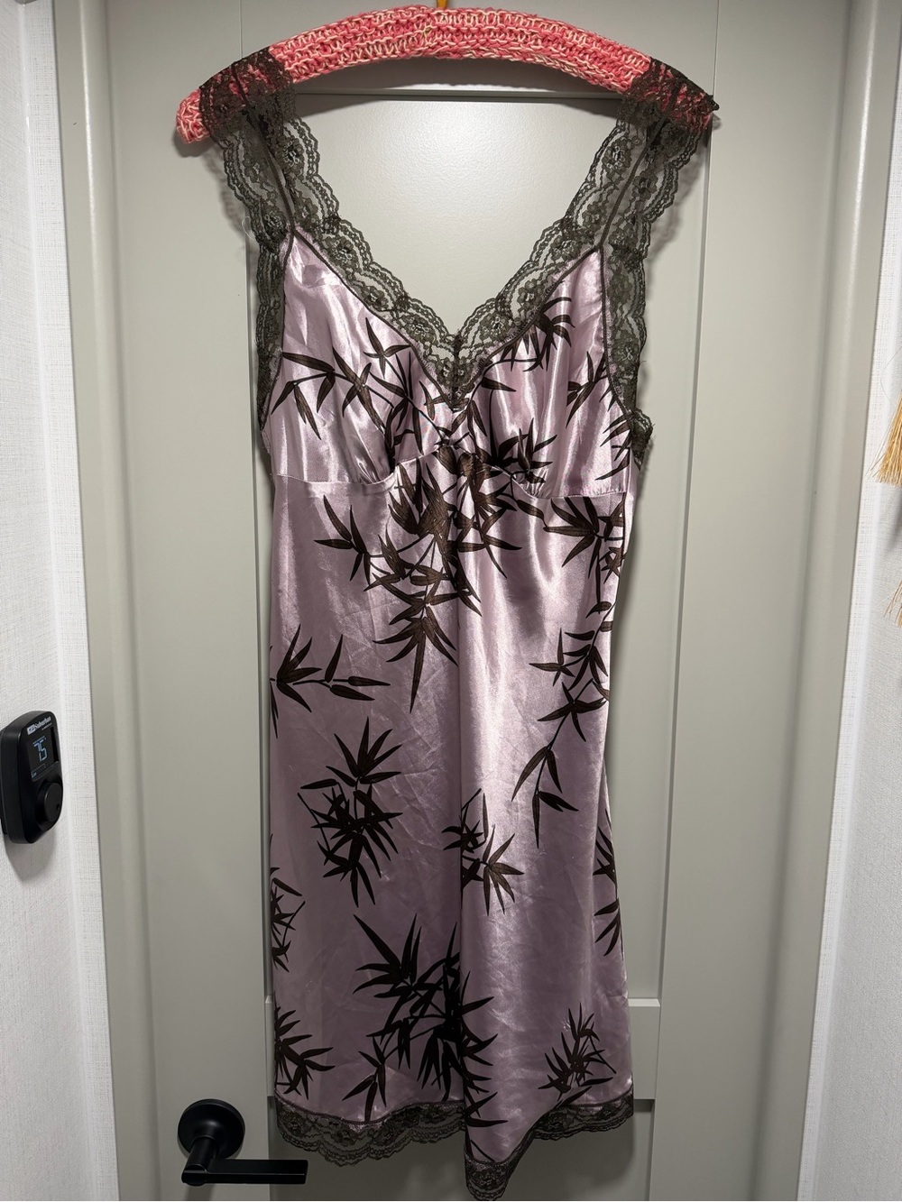 Gilligan & O'Malley Satin Slip in Light Mauve with Dark Brown Botanical Print